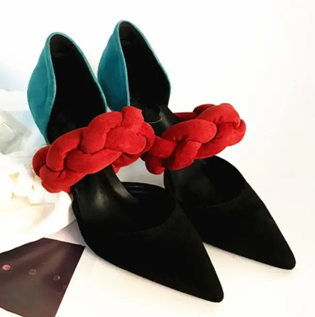 

2018 New Arrival D'Orsay & Two-Piece Mixed Colors Pointed Toe Cross-tied Slip On Women Pumps Crystal Shoes Woman