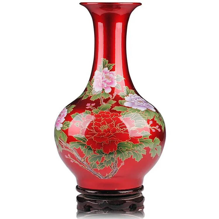 Ceramic Vase Crystal Chinese Red Peony Pattern Vases Handicrafts Home