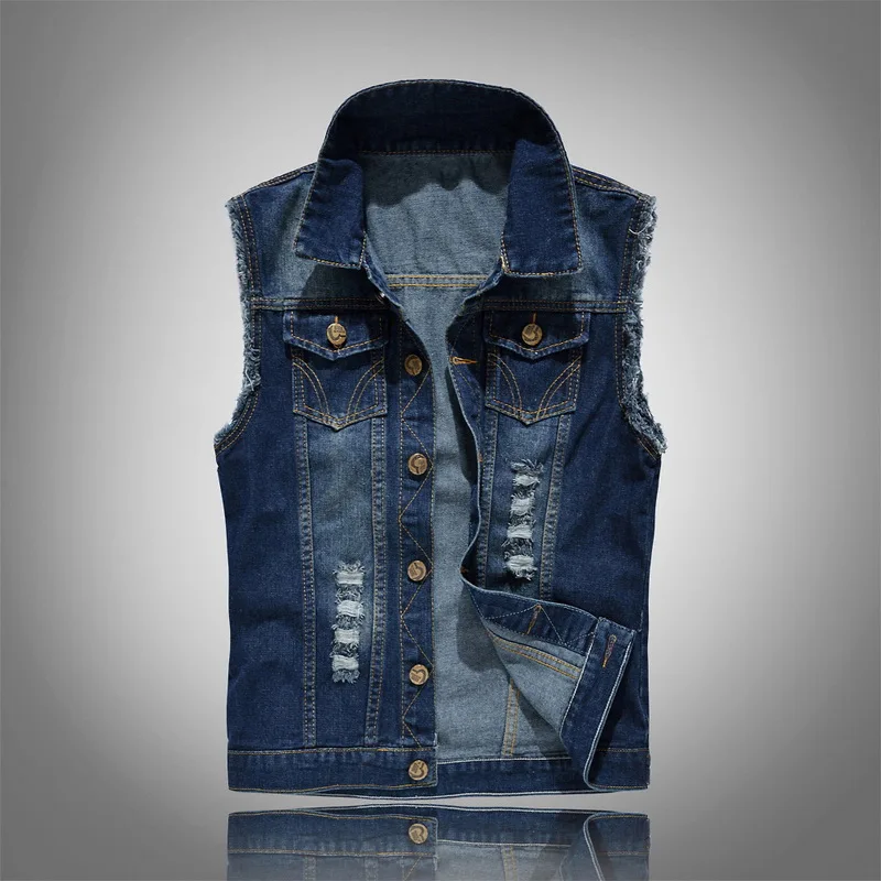 

2019 Men Ripped Jean Vests Dark Blue Denim Vest Hip Hop Jeans Sleeveless Coats Plus Size 6XL Fashion Jeans Waistcoat Streetwear