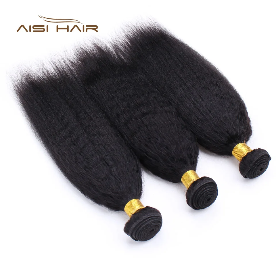 AISI HAIR Kinky Straight Peruvian Hair Weave Bundles Yaki Human Hair Extension 3 Bundles Non-Remy Human Hair Extensions