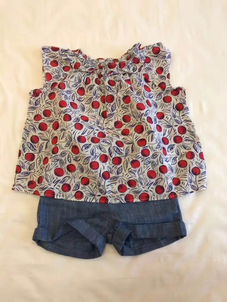 

2019 New Summer Cherry Printed Dress Baby Girls Blue Blouse Top+ Cherry Pants Kids Clothing Set for Girl Sisters Set