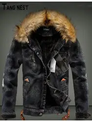 TANGNEST/2019 зимняя мужская джинсовая куртка с капюшоном и меховым воротником, модная трендовая Удобная толстая теплая куртка MWJ2587