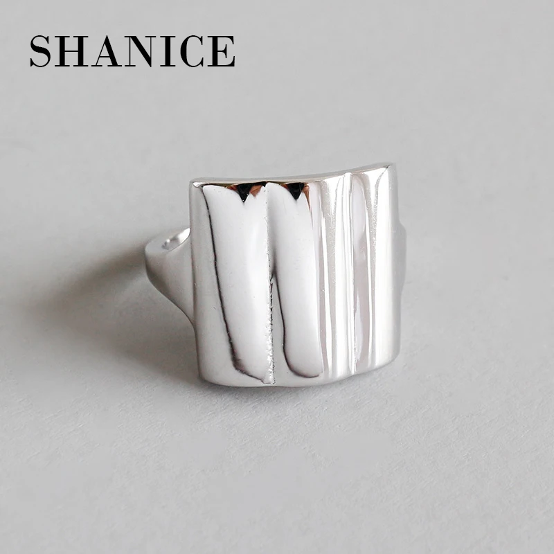 

SHANICE Real 925 Sterling Silver Vintage Punk Fashion Womens Open Rings Wide Flat Surface Simple Design Square Shaped Biker RIng