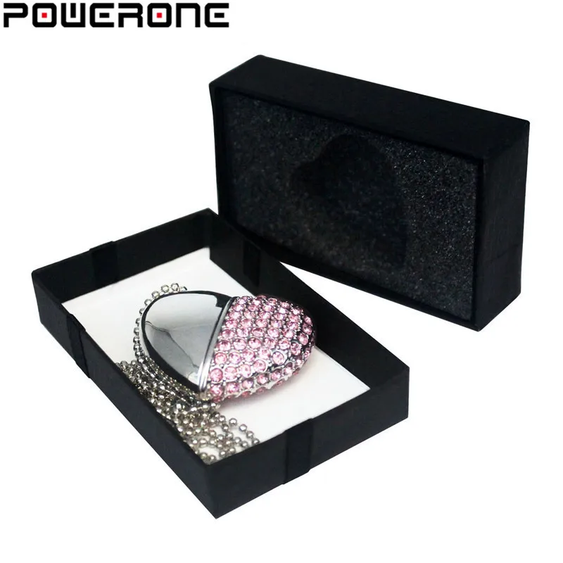 POWERONE Metal diamond crystal heart with gift box USB flash drive pendrive 8GB 16gb 32GB 64GB Memory stick thumb drive Gifts