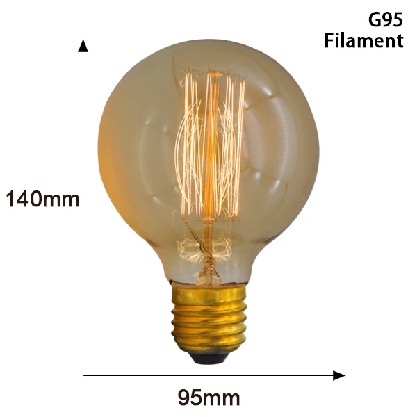 Винтажный светильник, лампочка эдисона, лампа Эдисона 40 Вт, 220 В, ST64, T45, G80, G95, G125, ампульная нить, E27, светильник, лампочка, ретро ампула - Цвет: G95 Filament