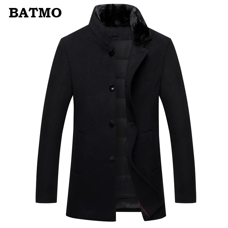 BATMO, Новое поступление, высокое качество, 60% шерсть, натуральный норковый мех, воротник, утолщенный Тренч, пальто для мужчин, подкладка из 90% белого утиного пуха - Цвет: Черный