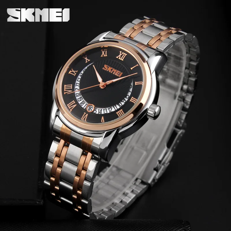 

SKMEI Stainless Steel Men Business Luxury Watch Men Famous Brand Quartz Watch Roman Numerals Male Rose Gold Wristwatch Blue 9122