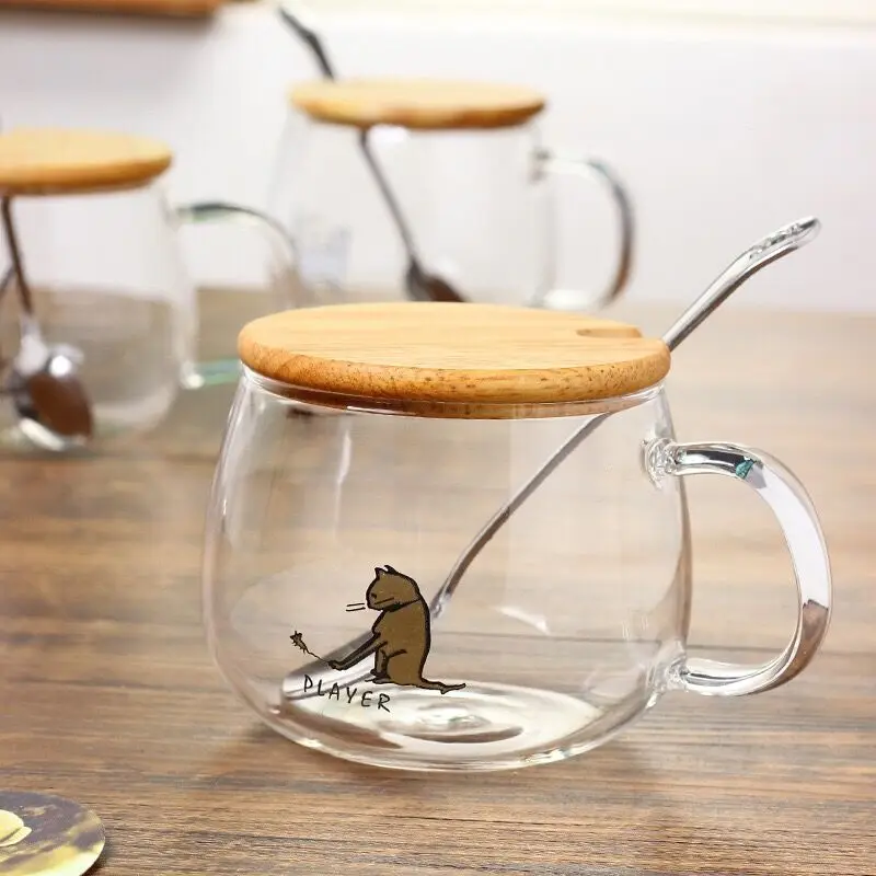 Free Shipping Creative Cat Print Clear Glass Cup with Wooden Cover