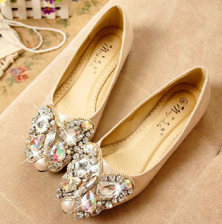 

Plus Size 40-43 Women's Flats Single Shoes Small 33 Butterfly Rhinestone Pointed Toe Flat Shoe Female Tenis Diamond Dames