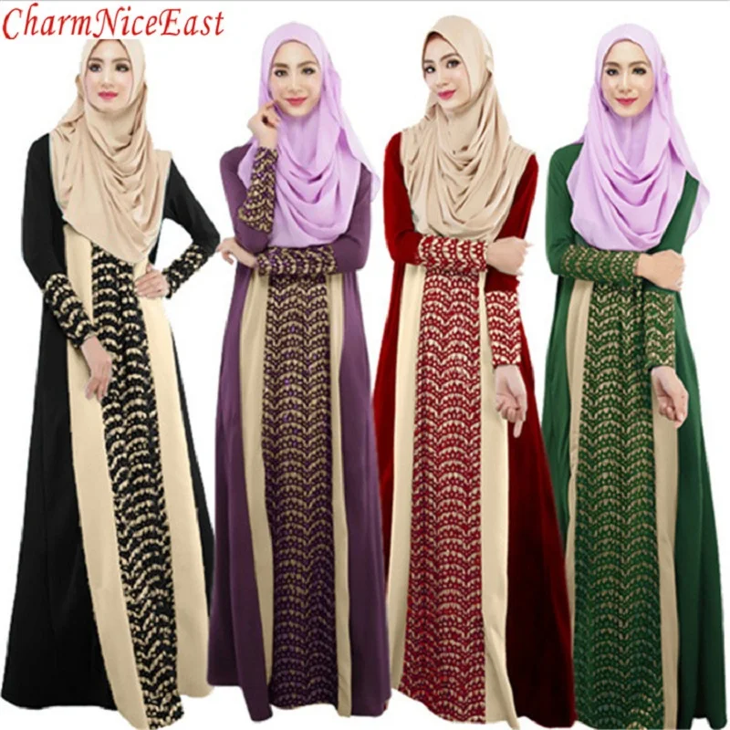 Muslim Women Long sleeve Dubai Turkish lace Patchwork Dress maxi abaya