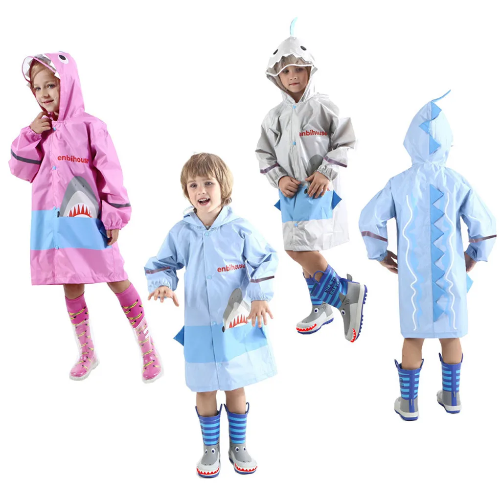 

Kids Cartoon Shark Raincoat Children's Large Class Poncho Lightweight Rainwear 3D Stereo Baby Raincoat with Storage Bag 3T-9T