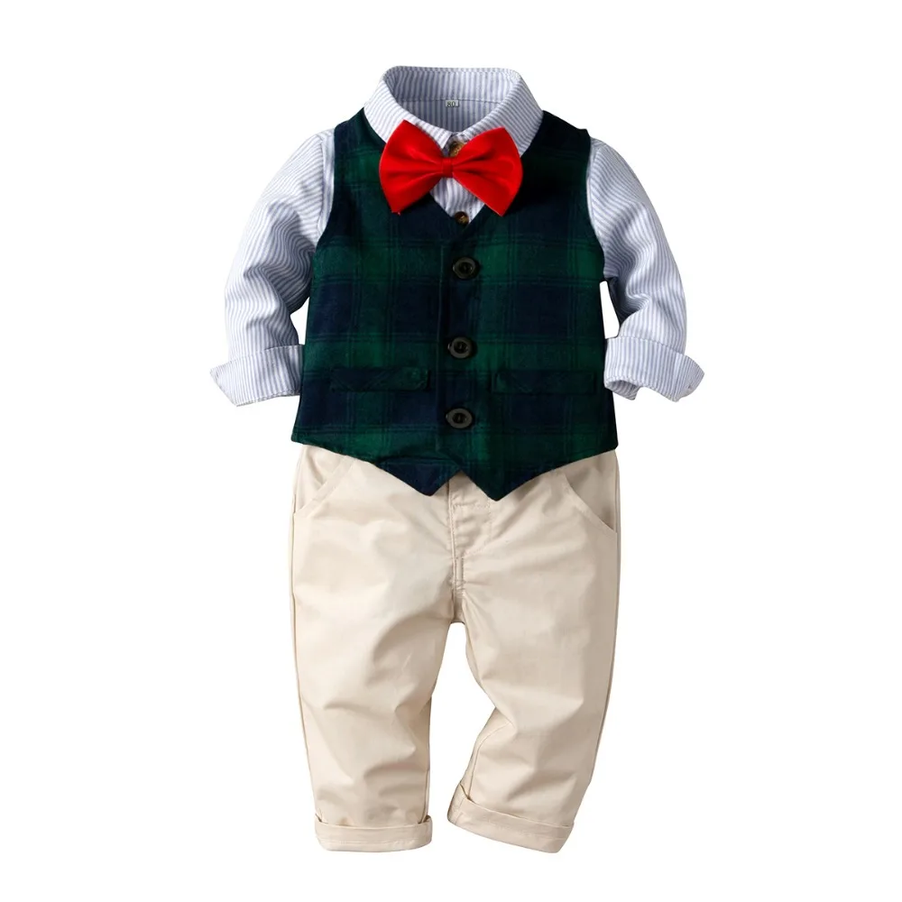 Комплекты одежды для маленьких мальчиков, одежда джентльмена, хлопковая рубашка в полоску+ жилет+ комбинезон, 3 предмета, Одежда для новорожденных, костюмы для детей 1-5 лет