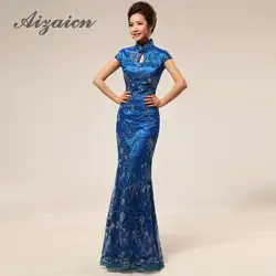 Традиционная китайская мода Qipao платья Повседневное синий Cheongsam свадебное платье элегантные кружевные вечерние платья вышивка Восточный