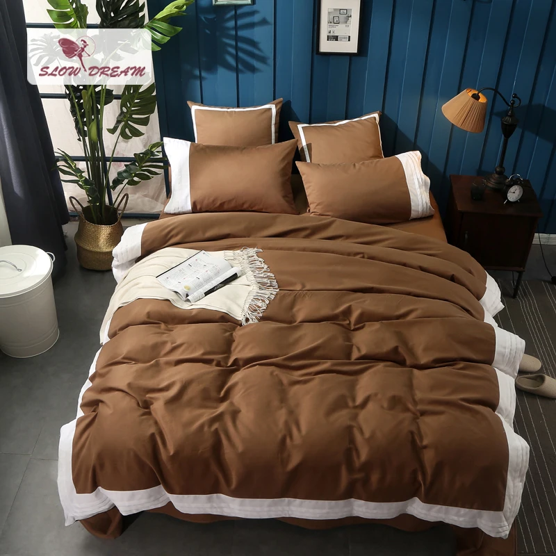 SlowDream Simple Style Coffee Bedding Set Soft 100 Cotton Duvet Cover