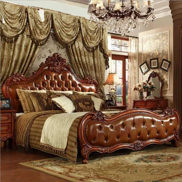 Современная Европейская кровать из массива дерева модная резная натуральная кожа французская мебель для спальни 10319