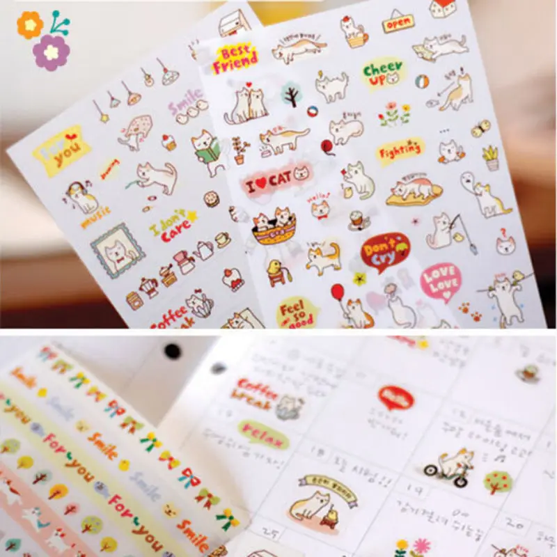 

6 Sheets Cute Cartoon Cat Stickers Scrapbook Calendar Diary Planner Decoration