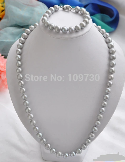 

Jewelry 00752 11mm gray round freshwater pearl necklace bracelet 8"24