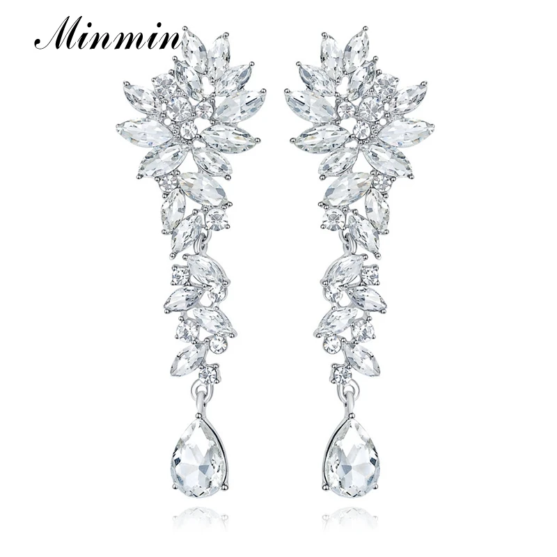 

Minmin Elegant Cluster Crystal Wedding Bridal Drop Earrings for Women Luxury Teardrop Long Dangle Clip / Pin on Earrings MEH1566