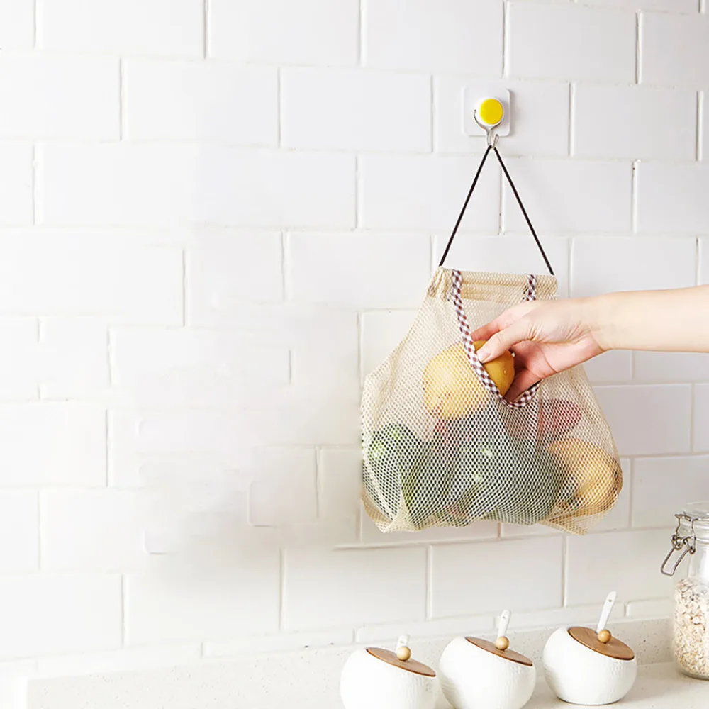 

Reusable Cotton Vegetable Bags Home Kitchen Fruit And Vegetable Storage Mesh Bags With Drawstring Washable **C