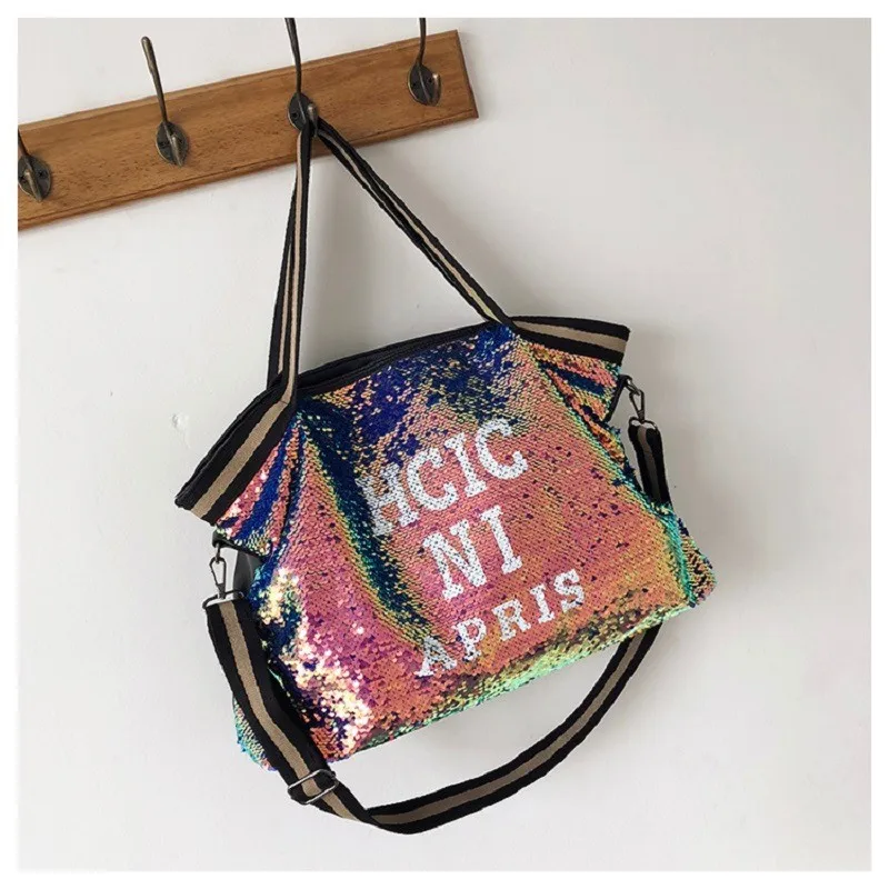 Bolsas de Ombro para o Sexo Ttou Grande Bolso Bolsa Feminina Moda Brilhante Lantejoulas Tote Feminino Carta Impressão Alta Capacidade Bolsas Crossbody