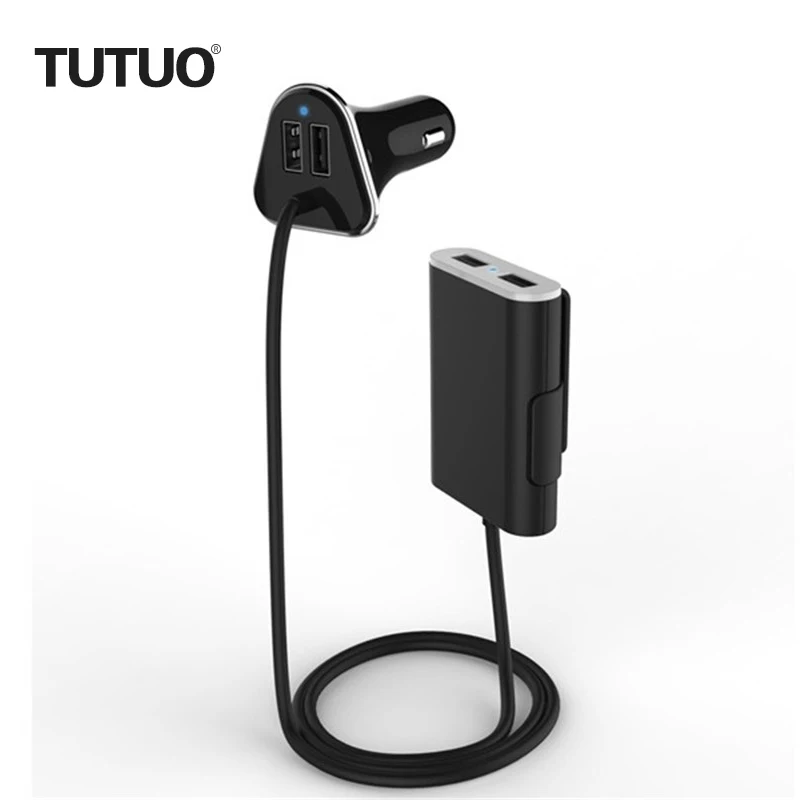 TUTUO R28P 9.6A Portable 4 USB Car Charger with 1.8m Cable Blue LED Indicator Smart IC for iPhone 7/ Galaxy S7 /Xiaomi Mi3/ Mi4 |