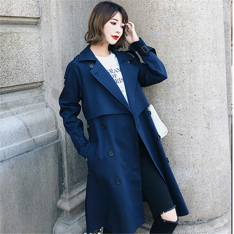Windbreaker Female 2019 Spring Autumn new Korean leisure chic loose ladies harbor wind Long Trench Coat for women coats blue 005 Windbreaker Female 2019 Spring Autumn new Korean leisure chic loose ladies harbor wind Long Trench Coat for women coats blue 005