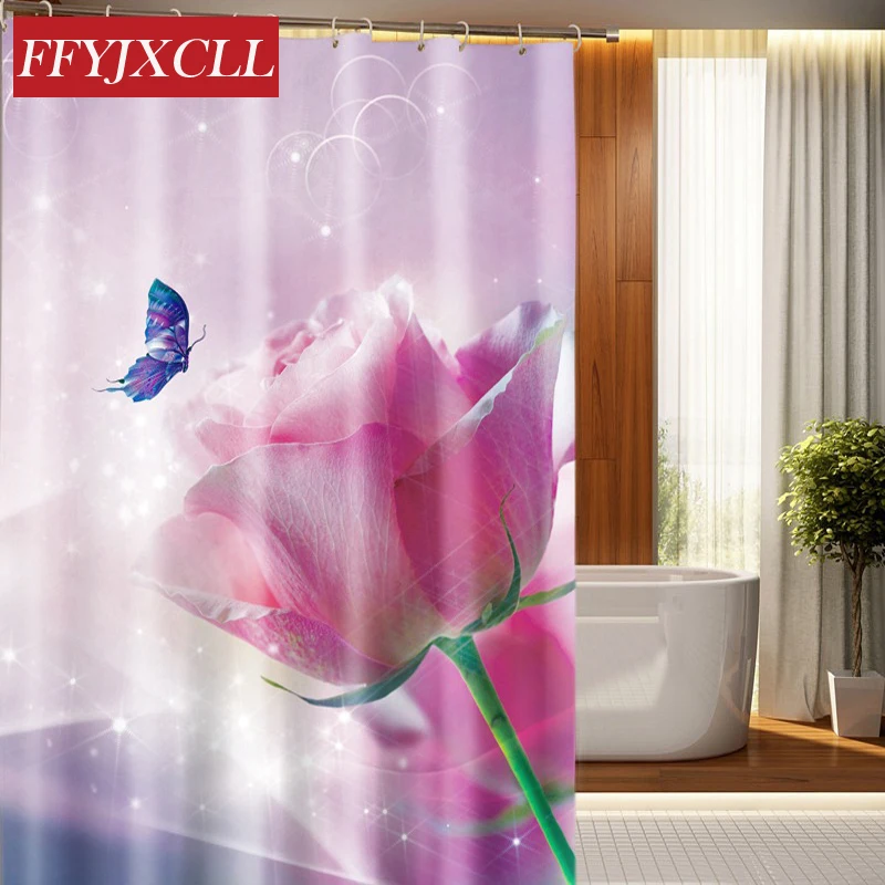 

Butterfly Tulip Peach Blossom Print Fabric Modern Shower Curtain Eco-Friendly Waterproof Bathroom Curtain