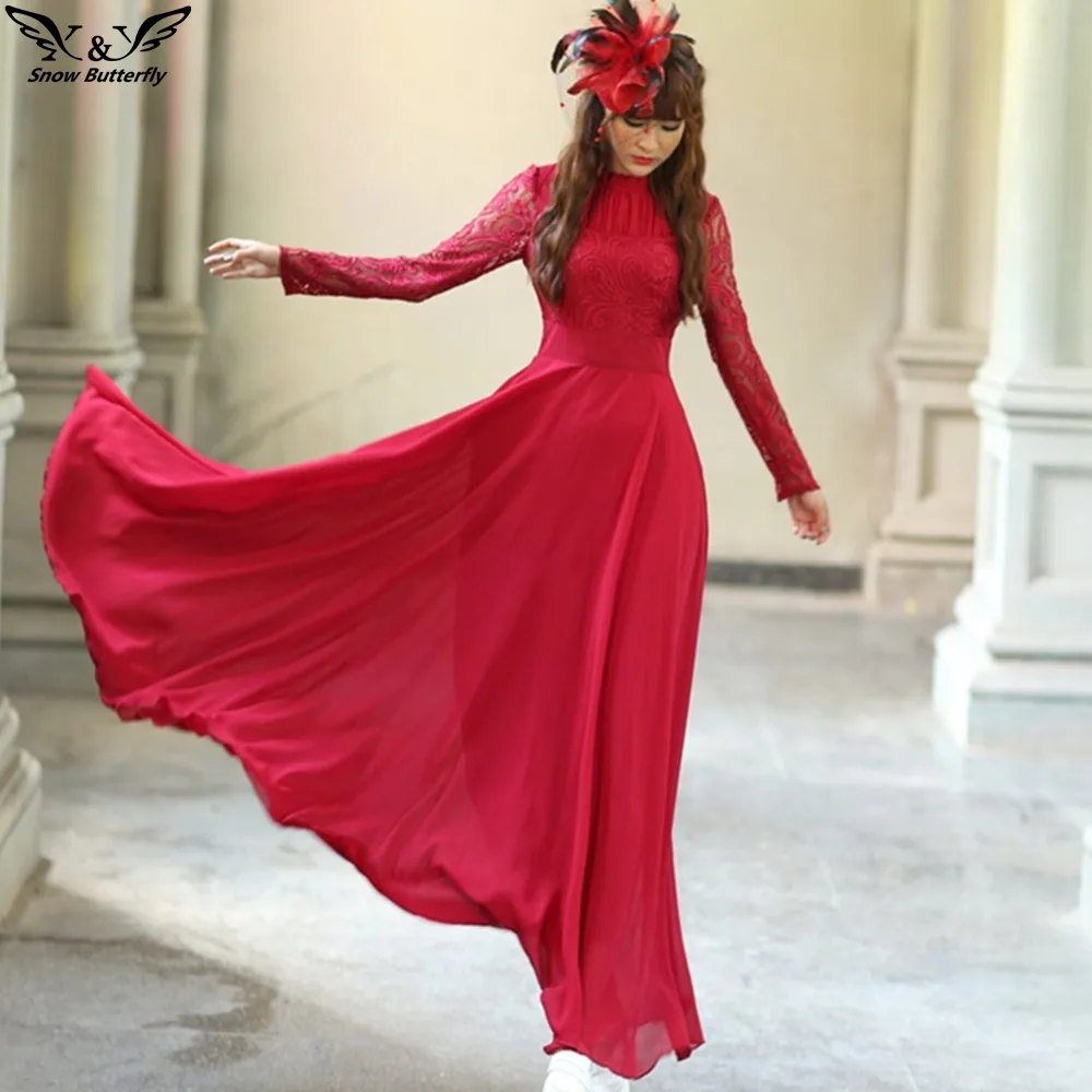 

2019 high quality Spring Autumn Elegant Vintage Lace Chiffon Long Dress Slim Long Sleeve Wine Red Party Maxi Dresses Vestidos