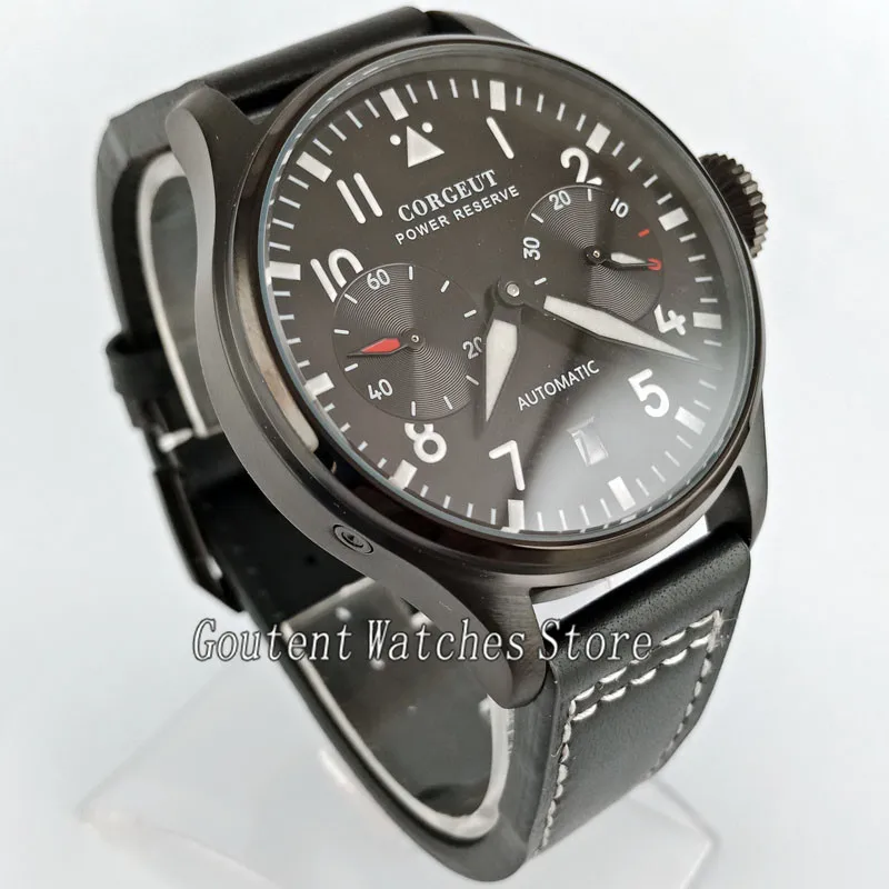 

Corgeut 42mm Black Dial PVD Case Date Power Reserve Automatic Mens Watch 2701