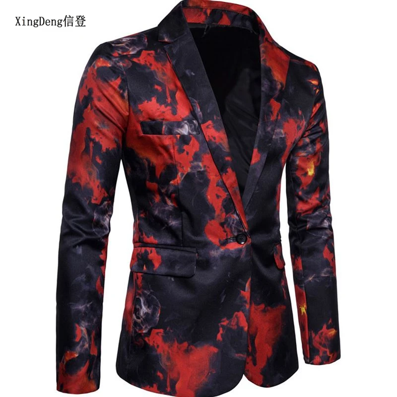 XingDeng повседневный мужской модный Блейзер приталенная куртка с принтом Blaser Ho мужской s Мужской Блейзер особенная куртка Красный Синий M-3XL