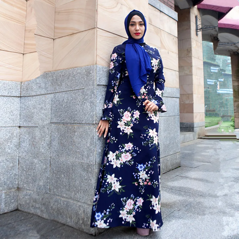 

2018 summer print floral Muslim women shift long dress