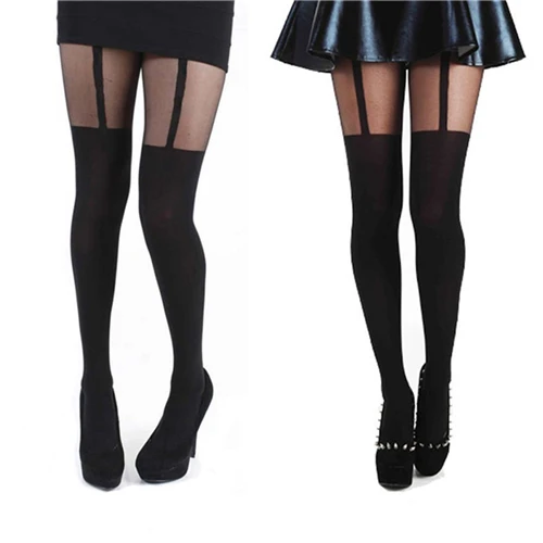 Black Fake Garter Belt Suspender Tights 