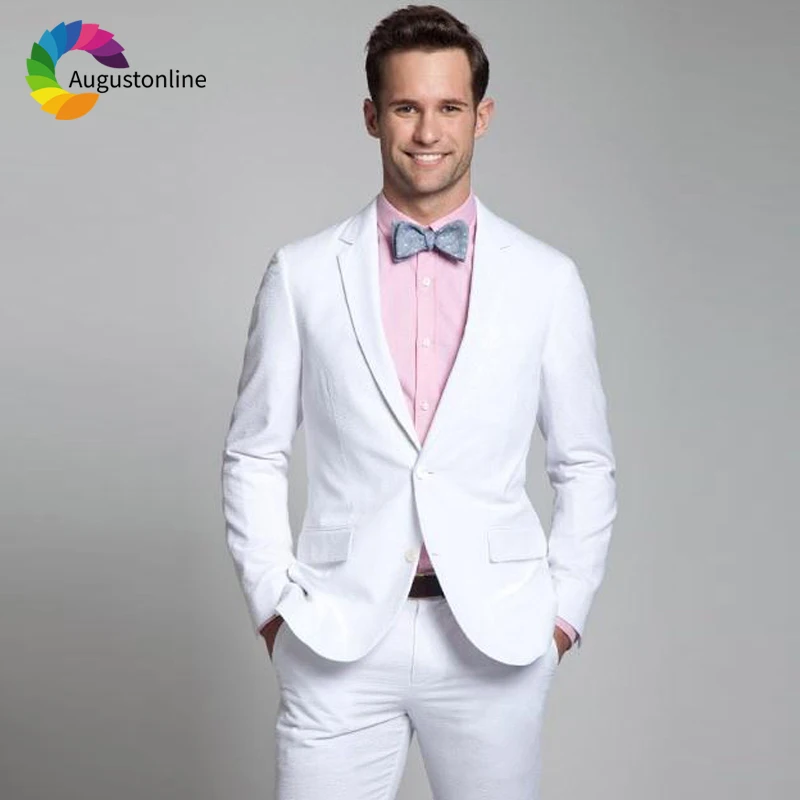 

Slim Fit White Men Suits 2019 Wedding Tuxedos 2 Pieces (Jacket+Pants) Groom Wear Bridegroom Prom Suits Costume Homme Blazer