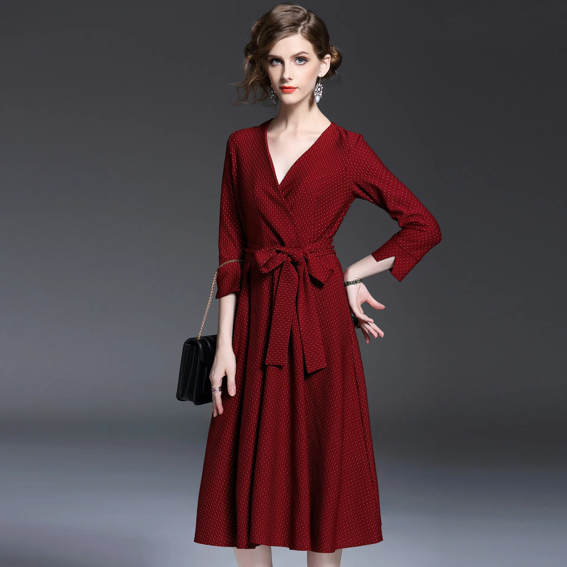 2017 New Spring Casual Work Elegant Dot Mid calf V neck Spring Dresses