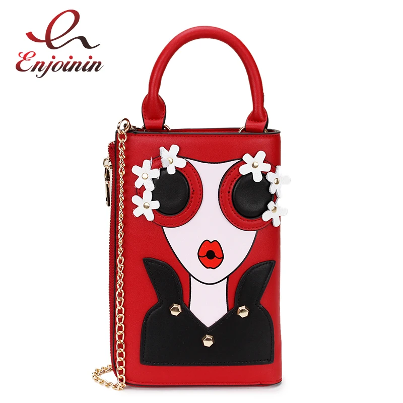 

Fashion Sexy Cartoon Character Print Flower Applique Pu Leather Ladies Casual Handbag Shoulder Bag Chain Bag Purse Wallet Totes