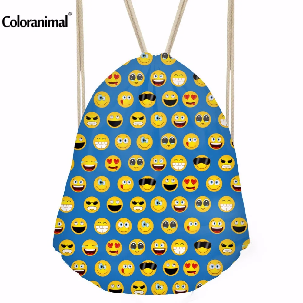 Coloranimal emoji улыбка Уход за кожей лица печати Повседневное drawstring сумка Womem Обувь для девочек строка плеча рюкзак Mochilas дамы cinch Sack Сумки