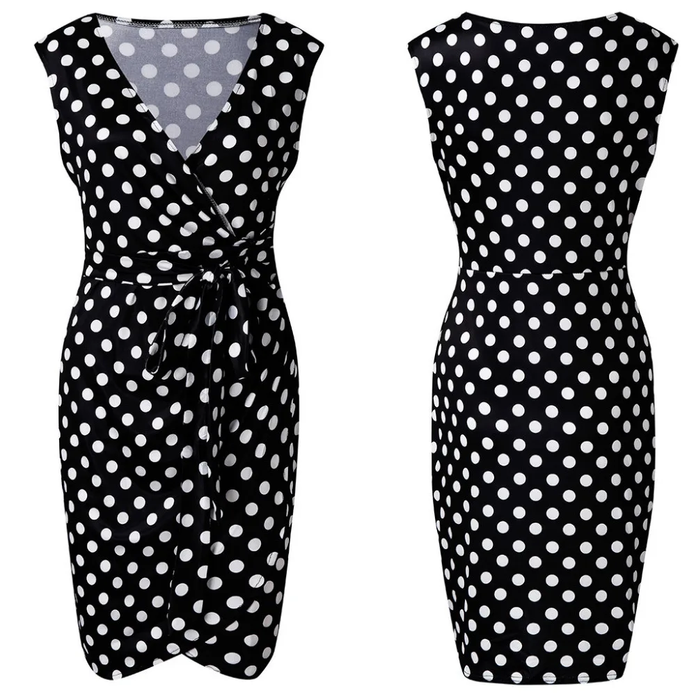 2019 woman summer fashion polka dot print beach dress long V-neck sleeveless casual beach dress plus size dress cover up 40J3 (1)