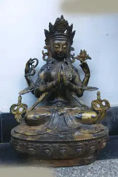 

free shipping China bronze gild carved finely four arm Kwanyin Bodhisattva Buddha Statue (D0426)