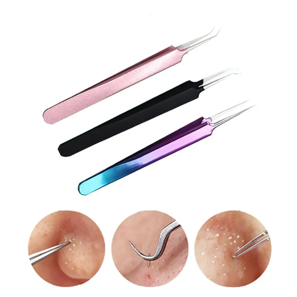 Newest 3Pcs/set Acne Needle Tweezers Black Head Pimples Removal Pointed