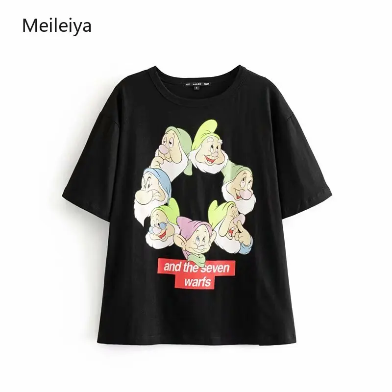 

2019 Summer Simple Women's Seven Dwarfs Print Short Sleeved O-Neck Tops Graphic Tees Woman Black