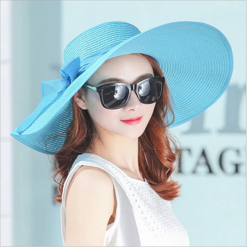 Simple Elegant Style Summer Large Brim Straw Hat Adult Women Girls Fashion Sun Hat Uv Protect Big Bow Summer Beach