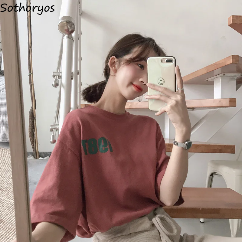 

T-shirts Women Simple Letter All-match Soft Summer Trendy Students Womens High Quality Loose Female Elegant O-Neck Leisure Chic