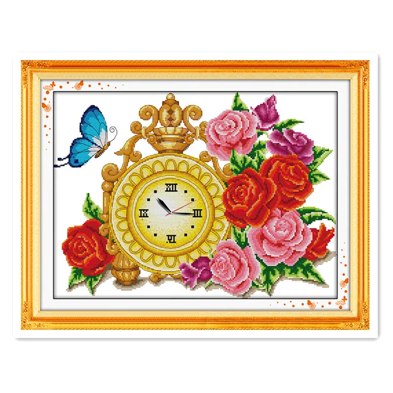 Watch Rose Butterfly Vase Cross Stitch Kit, DIY Needlework DMC Thread embroidery wall clock