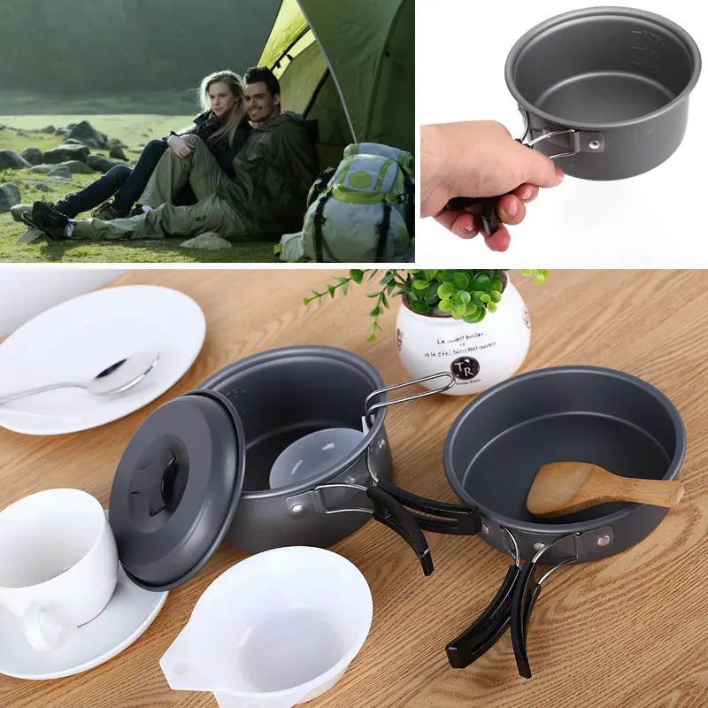 Cocina Picnic olla fuerte caminata herramienta tazón de aleación de aluminio negro 8 piezas traje al aire libre Pot Camping de utensilios de cocina de campamento de Pan
