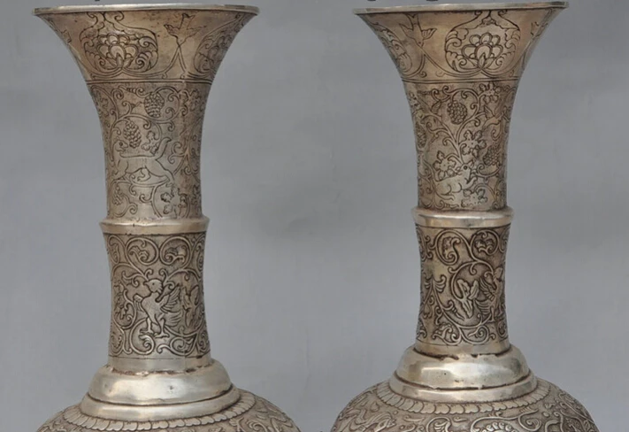 

S3766 14" Folk Chinese Silver Animals Beast Statue Auspicious Flower Pot Vase Pair D0318