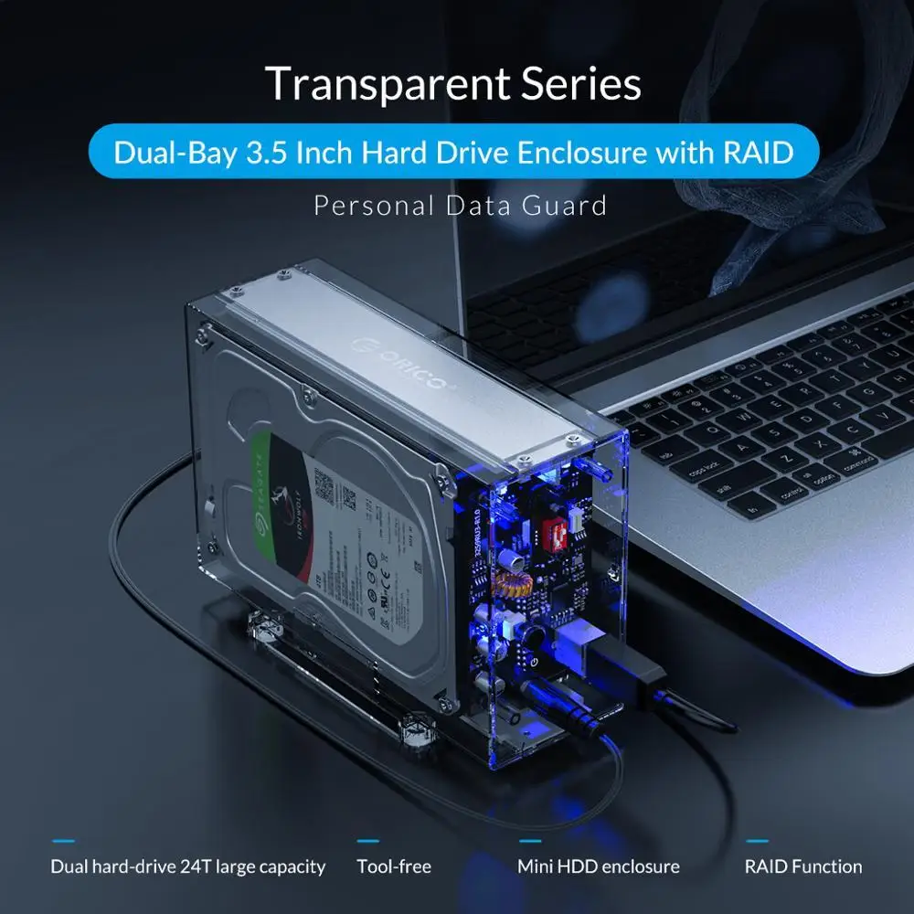  Carcasa de disco duro ORICO de 35 pulgadas con RAID 0 1 PM SPAN transparente USB3.0 a SATA HDD exte