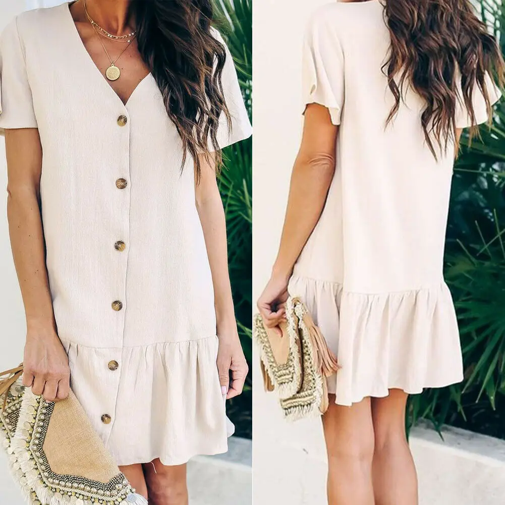 

New Women Button Short Sleeve Loose Mini Dress Summer Shirt Dress Holiday Beach Tops Ladies Solid Fashion Dress