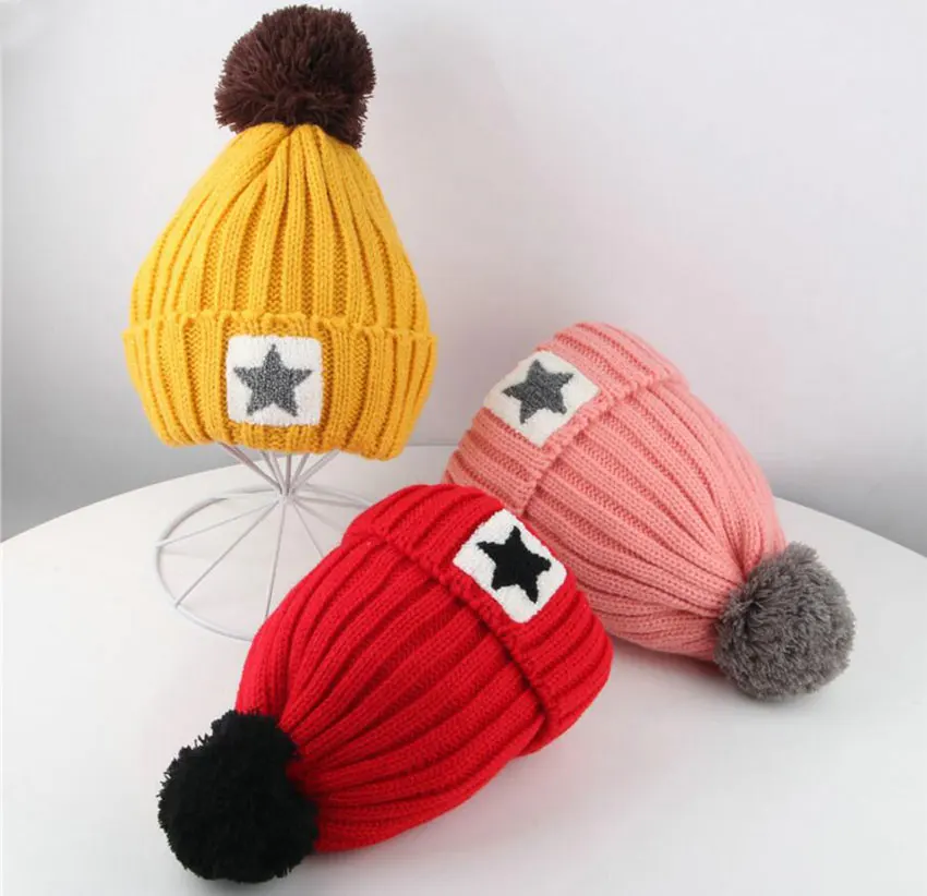 Зимняя шапка и шарф набор для детей Девушки Дети шарфы с капюшоном Мальчики звезда Дизайн вязаная шапка с помпоном бархатная шапочка