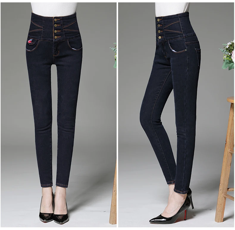 S 6XL теплые флисовые Стрейчевые обтягивающие джинсы с высокой талией женские черные синие джинсовые штаны на пуговицах женские зимние повседневные женские большие размеры Новинка