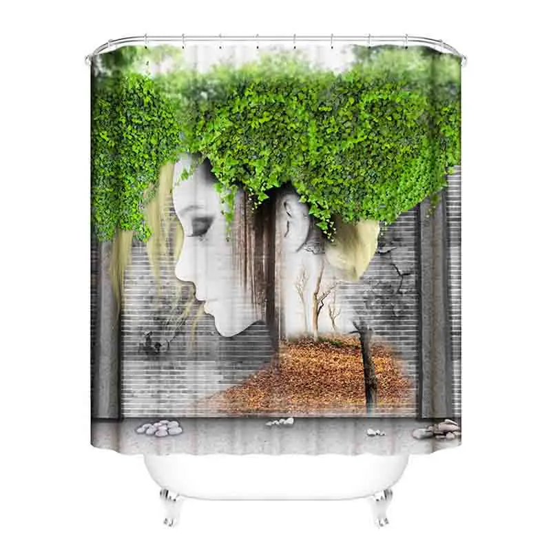Modern Art 3D Girl Green vine Antique Waterproof Shower Curtain